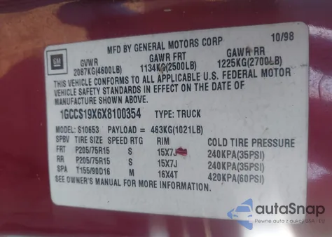 1999 Chevrolet S-10 Ls из США, поврежденный, VIN 1GCCS19X6X8100354